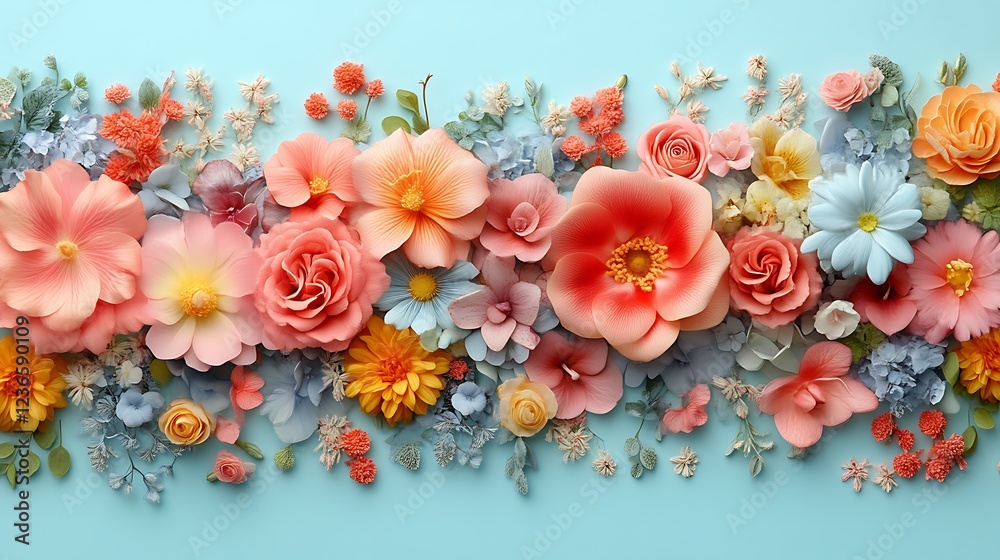 Delicate pastel flower arrangement on a light blue background