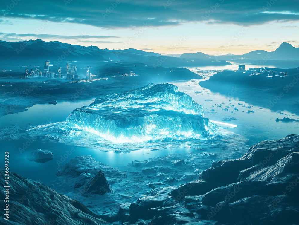 Fototapeta premium Futuristic Arctic Cityscape with Glowing Iceberg