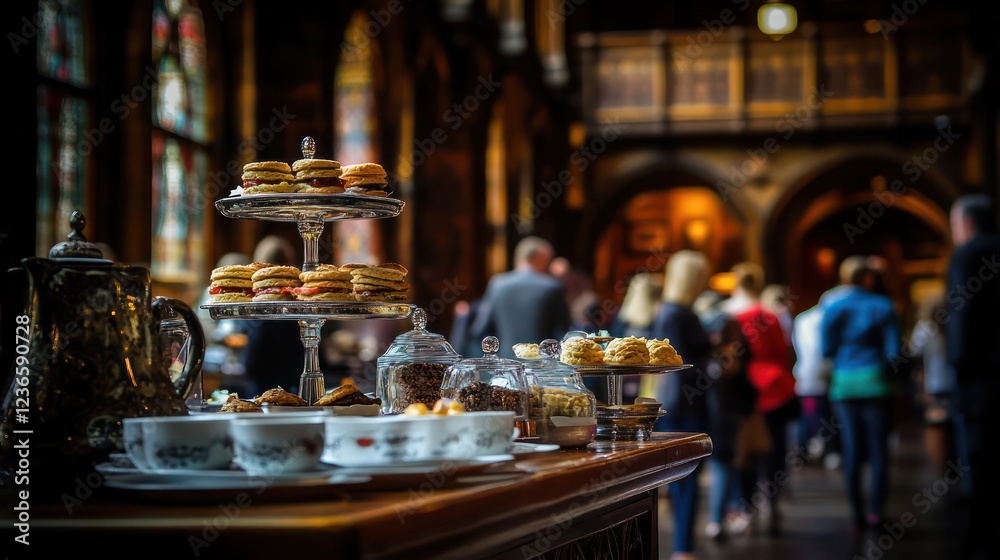 Elegant afternoon tea served in a grand hall. Elegant afternoon tea served in a grand hall.