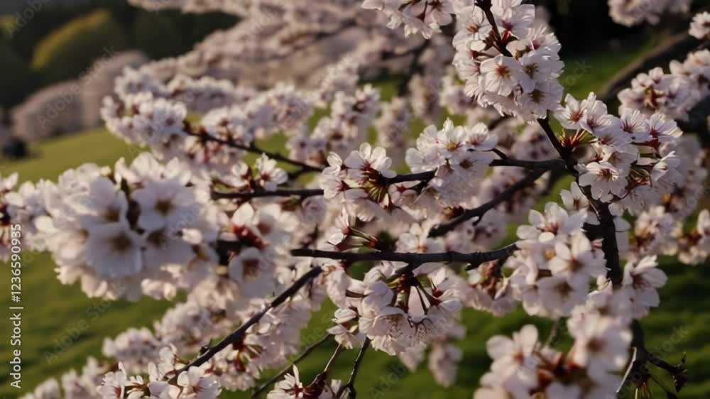 Scenic Views of Cherry Blossoms and Mountains