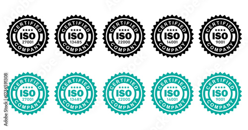 ISO Certification Badge Vector Set - ISO 9001, 14001, 22000, 27001, 13485 Seals