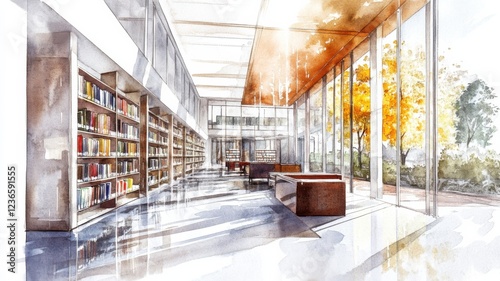 Modern library with glass walls and natural light depicted in a vibrant watercolor artwork showcasing an inviting atmosphere
