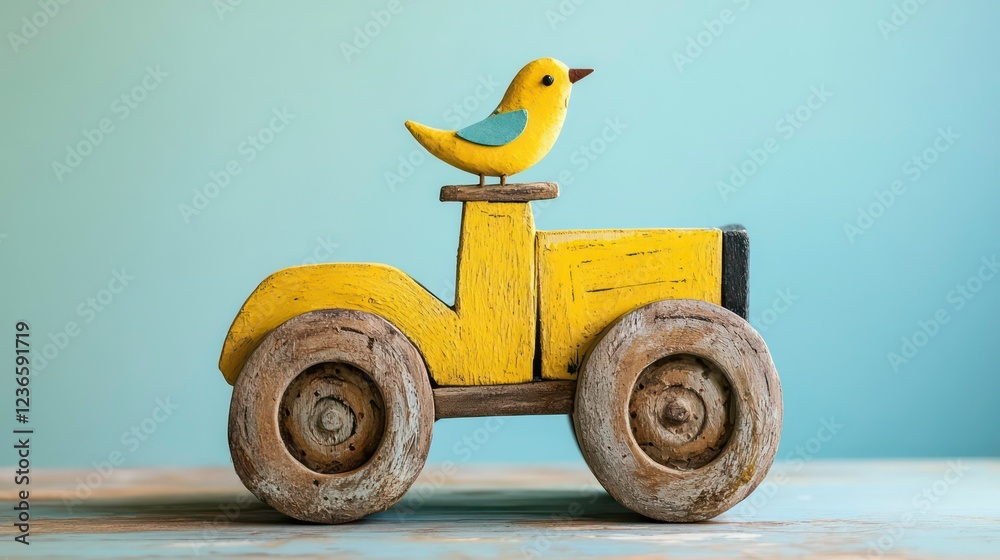 Fototapeta premium Yellow wooden toy truck with a small bird on top against a light blue background.