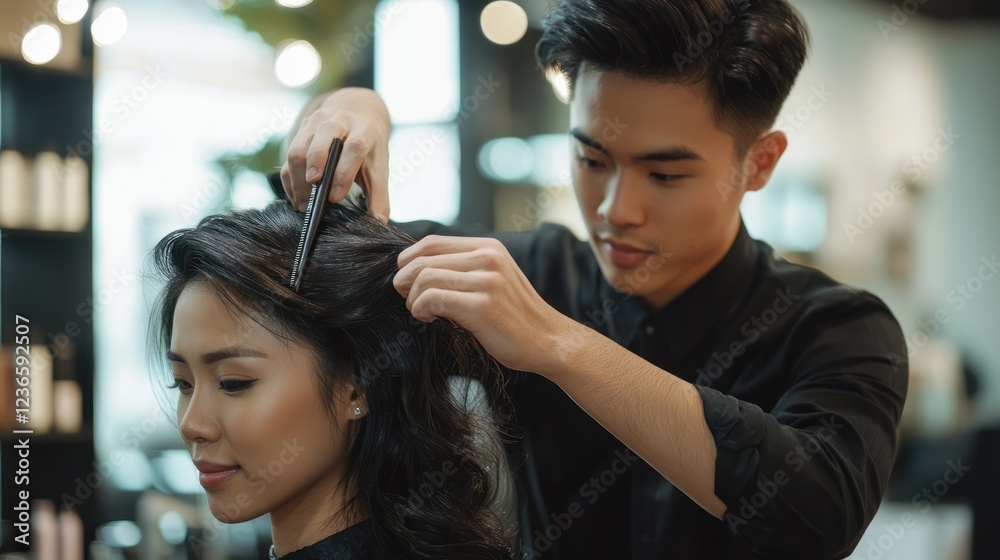 Fototapeta premium An Asian beautician styling a clientâ€™s hair, offering a professional service in a modern salon.