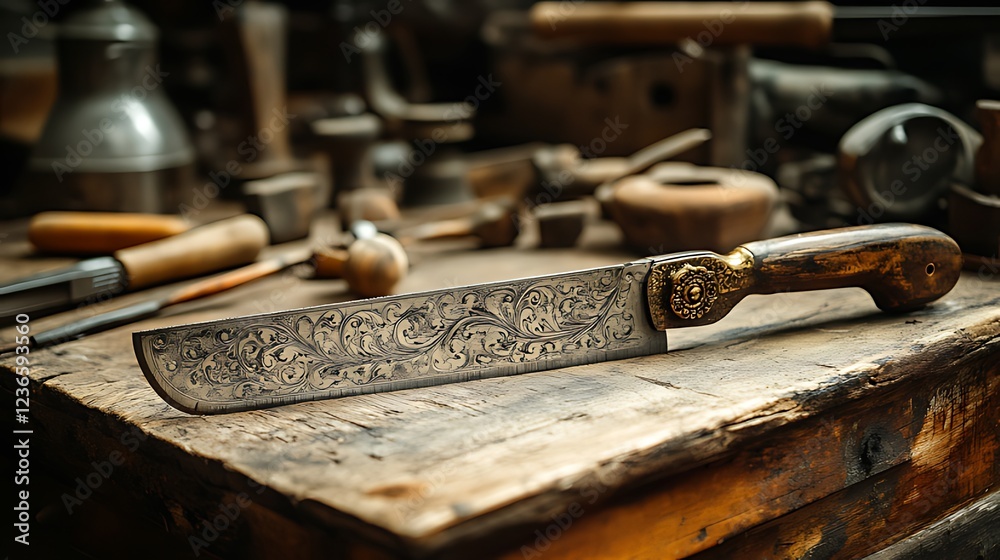Ornate handcrafted knife rests on a rustic wooden workbench amongst various tools. Ornate handcrafted knife rests on a rustic wooden workbench amongst various tools.