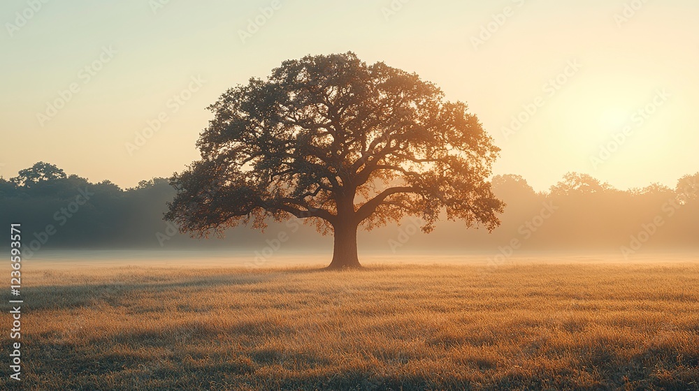 Solitary Oak Tree In A Misty Sunrise Field Solitary Oak Tree In A Misty Sunrise Field