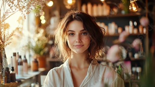 A portrait of a beautician with a backdrop of elegant beauty products and a cozy salon interior.