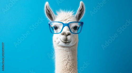 A White Llama Wearing Blue Glasses Against A Bright Blue Background. photo