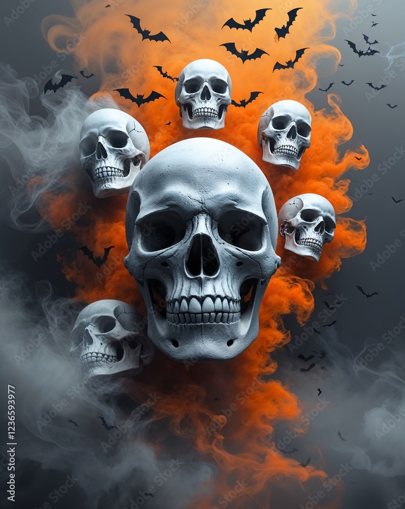 Spooky orange and gray with floating skulls and mist abstract Halloween concept background Spooky orange and gray with floating skulls and mist abstract Halloween concept background