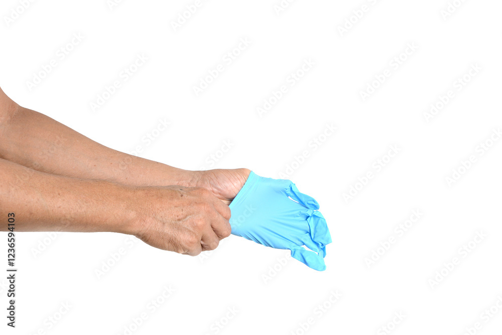 Left hand wearing blue gloves on a white background. Left hand wearing blue gloves on a white background.