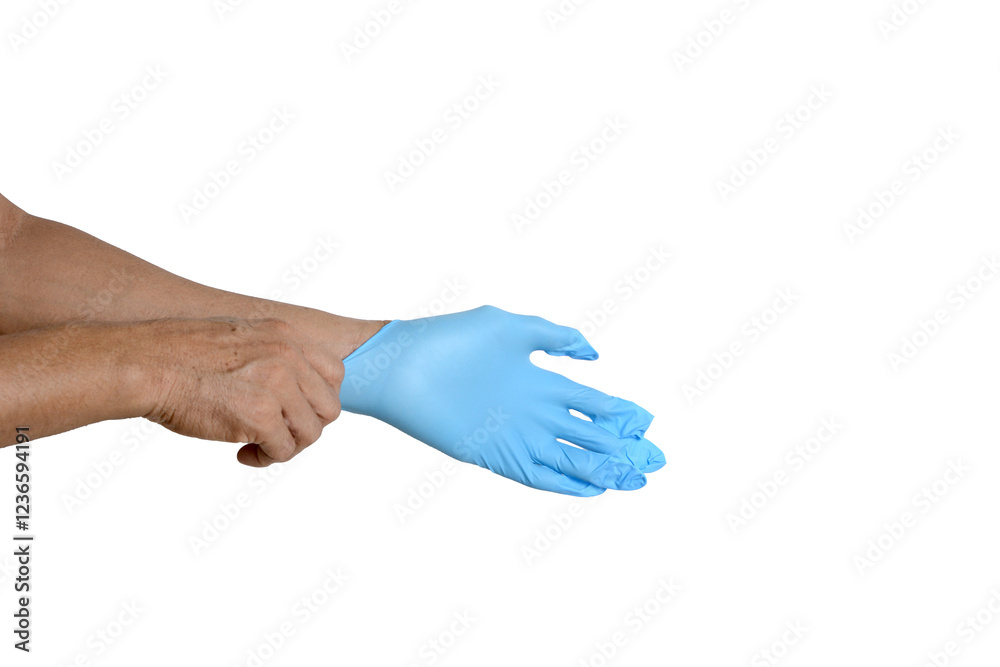 Left hand wearing blue gloves on a white background. Left hand wearing blue gloves on a white background.