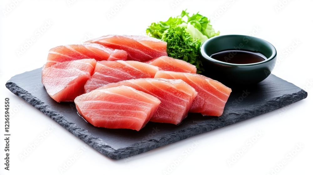 Thin slices of ahi tuna sashimi artfully arranged on a slate platter, accompanied by a small bowl of soy sauce and wasabi. Thin slices of ahi tuna sashimi artfully arranged on a slate platter, accompanied by a small bowl of soy sauce and wasabi.