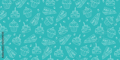 Food, dessert, pastry, sweet pastry. Seamless pattern. Hand drawn, doodle. Pastry, cafe icons. Set Cake with candle, cheesecake, cupcake. Birthday, repeating background.