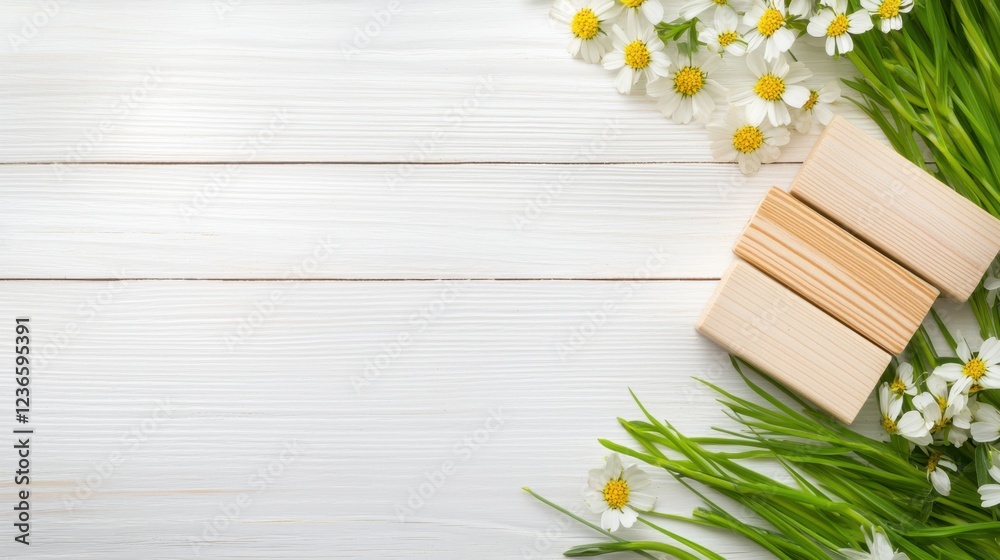Obraz premium Wooden alphabet blocks surrounded by fresh spring flowers and blades of grass, arranged creatively on a white wooden table.