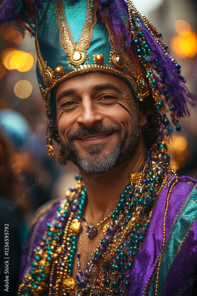 Fototapeta premium Smiling man in vibrant mardi gras costume