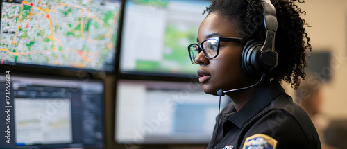 African American emergency dispatcher speaking into a headset while monitoring tracking maps on multiple digital screens  -  