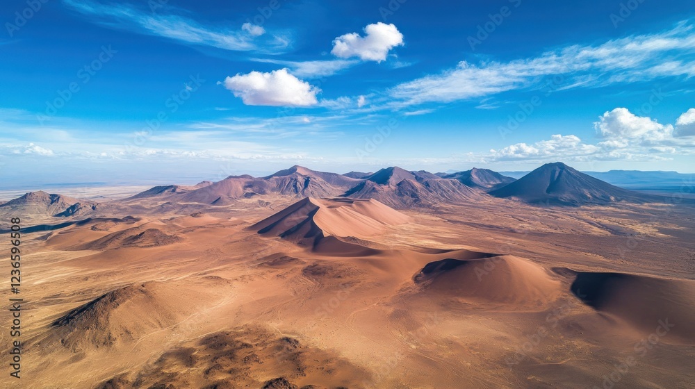 Fototapeta premium Aerial View of Dramatic Desert Landscape Under a Vivid Blue Sky