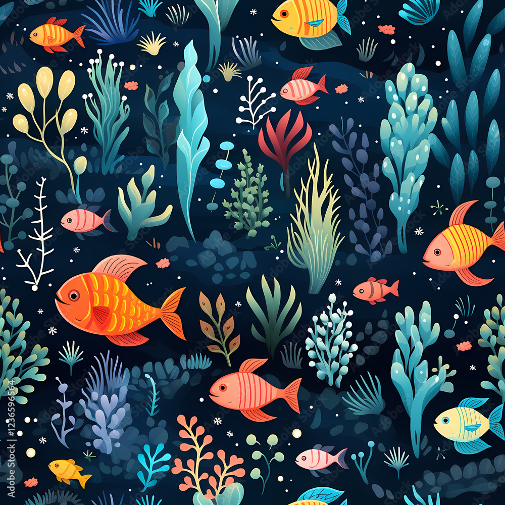 Naklejka premium Colorful fish swim among vibrant coral and seaweed. No transparency.