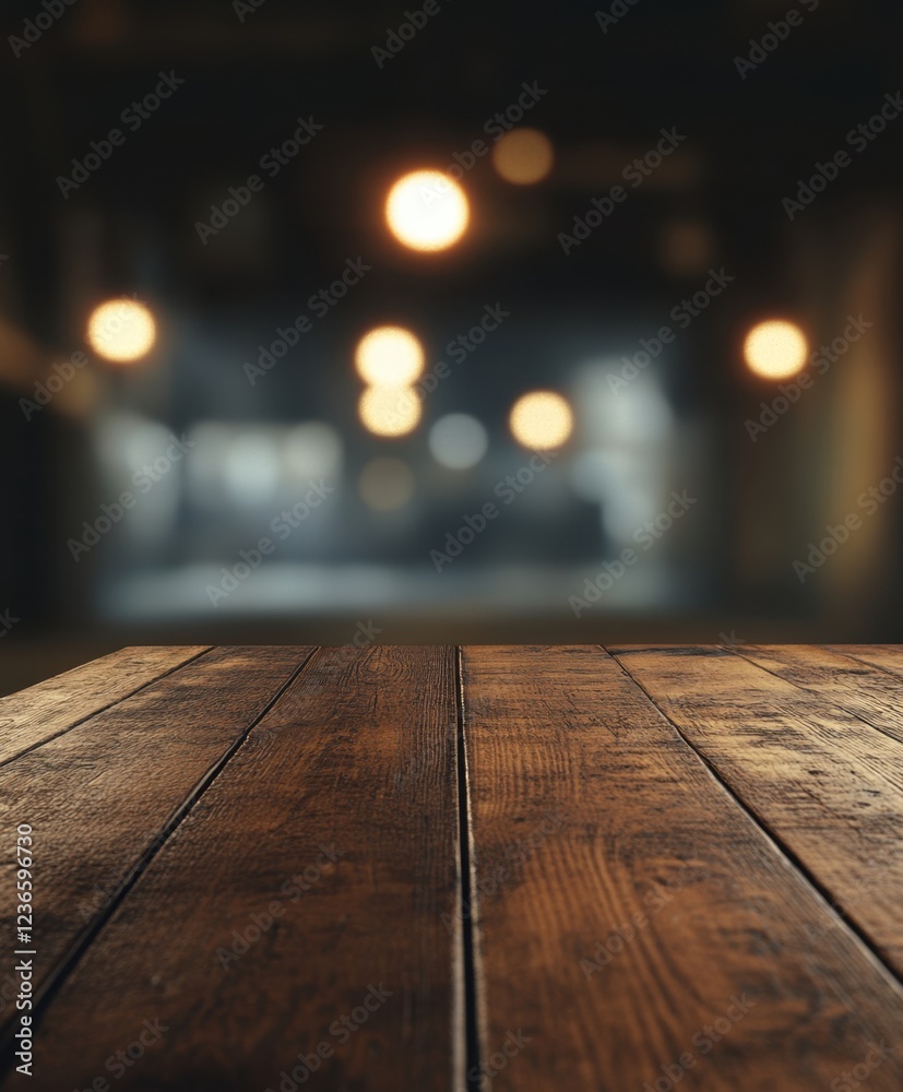 Rustic wooden table in a dimly lit space. Rustic wooden table in a dimly lit space.