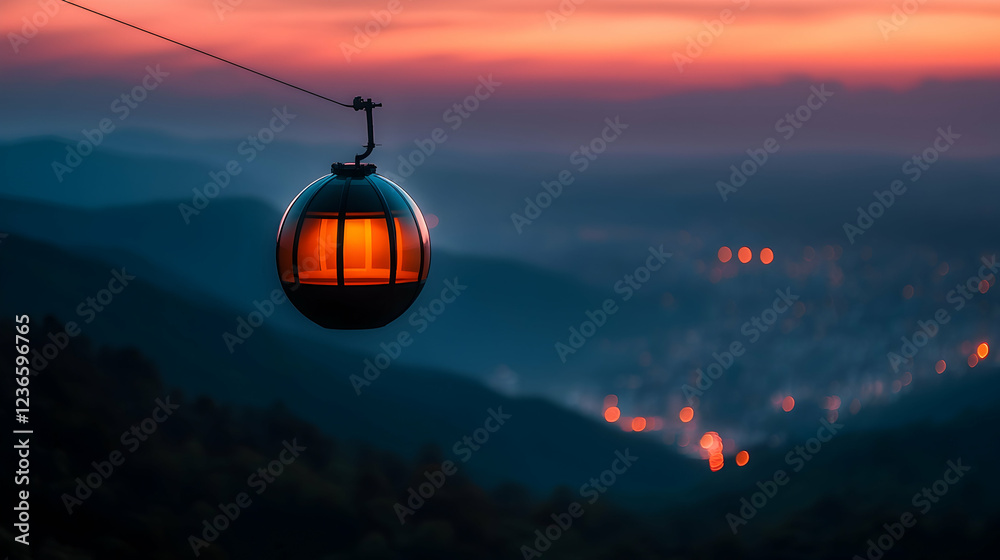 Obraz premium Cable car at sunset, mountain valley, city lights. Travel website banner