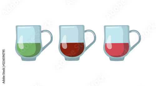 Set of glass tea cups. Tea party, tea varieties options. Hot healthy drink. Tea time flat icons illustration for cafe and restaurant menu design, isolated background.