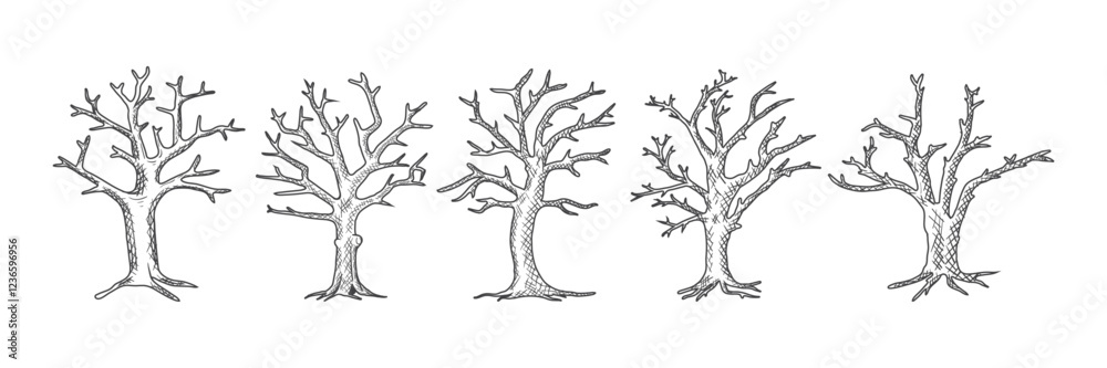 A collection of hand-drawn dry tree logos with various shapes in an ancient style A collection of hand-drawn dry tree logos with various shapes in an ancient style