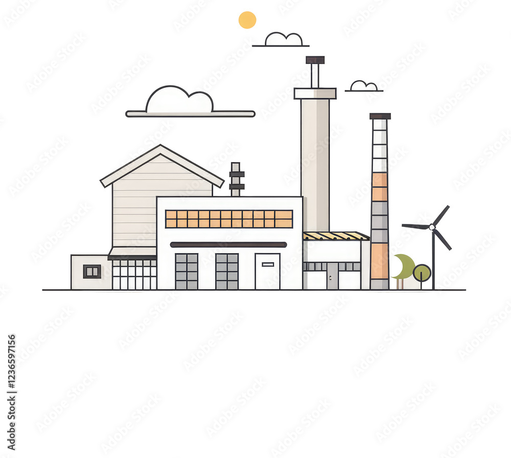 Fototapeta premium Modern Industrial Complex with Wind Turbine and Sun