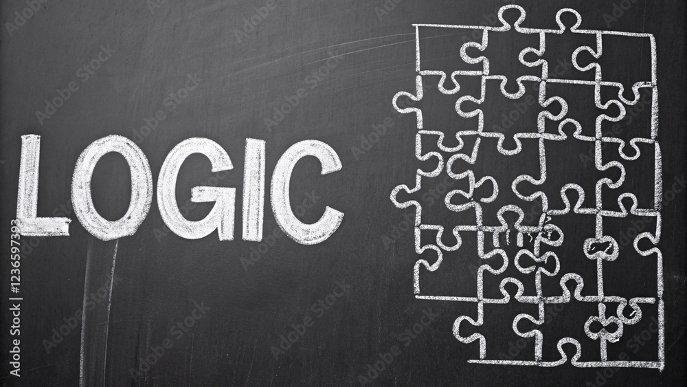 Obraz premium Intricate white chalk puzzle creating a logic challenge on a blackboard evoking a sense of curiosity and problem-solving in an educational background setting