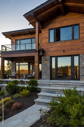 Modern Luxury Lake House Exterior: Stunning Contemporary Design with Wood and Stone