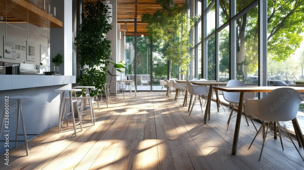 Fototapeta premium Modern eco spacious office with wooden floor and tables, big windows, grey top and white chairs. 3D rendering