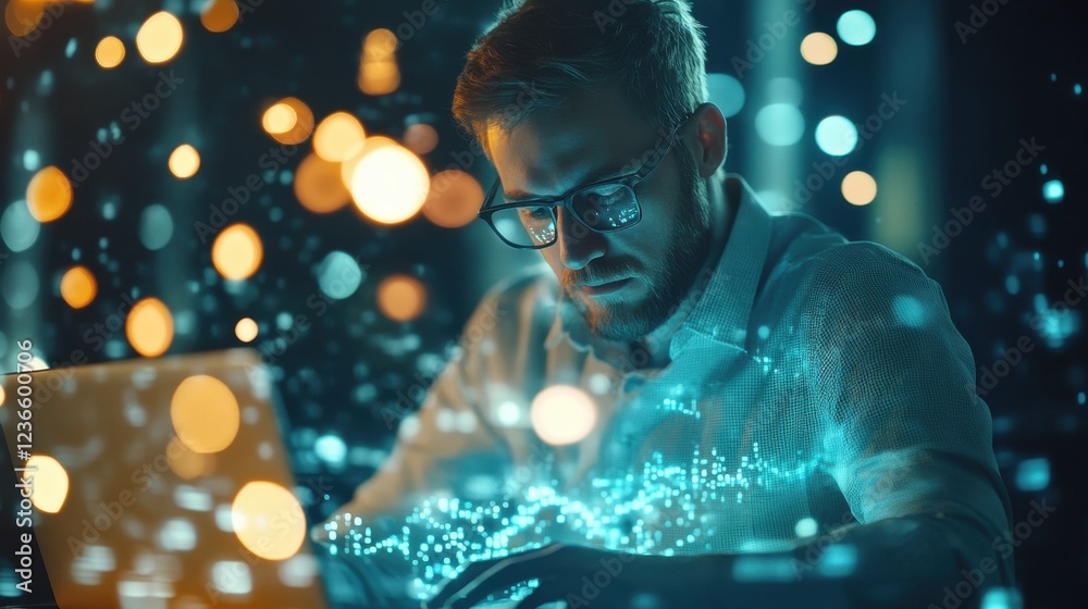 Businessman working in office and typing on keyboard laptop with stock analytics hologram. Finance and trade concept. Multiexposure Businessman working in office and typing on keyboard laptop with stock analytics hologram. Finance and trade concept. Multiexposure