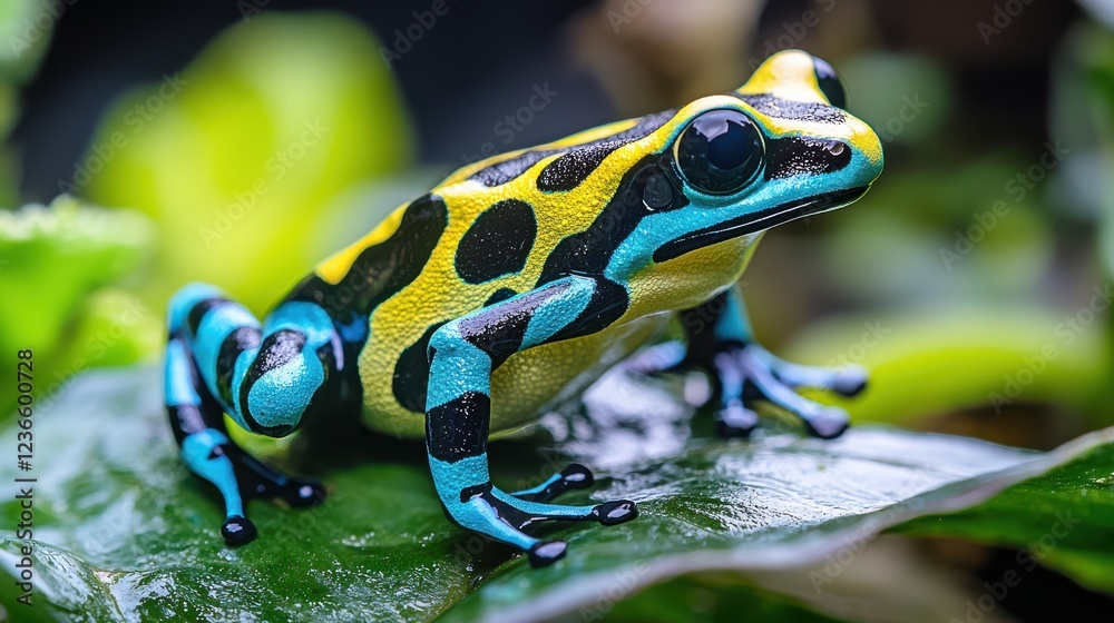 vibrant frog with yellow and black spots sits on green leaf, showcasing its striking colors in soft focus background. This close up captures beauty of nature vibrant frog with yellow and black spots sits on green leaf, showcasing its striking colors in soft focus background. This close up captures beauty of nature