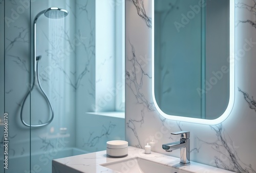 Modern bathroom interior. Minimalist bathroom with curved shower, illuminated mirror and marble walls in cool turquoise tones with decorative elements.