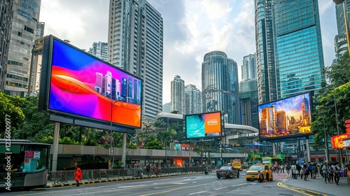 A vibrant urban scene with several digital billboards displaying dynamic ads in a bustling city center.