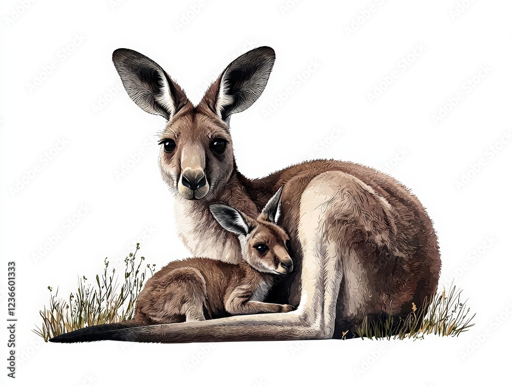 Fototapeta premium A serene illustration of a kangaroo and its joey resting on the grass, capturing the essence of Australian wildlife.