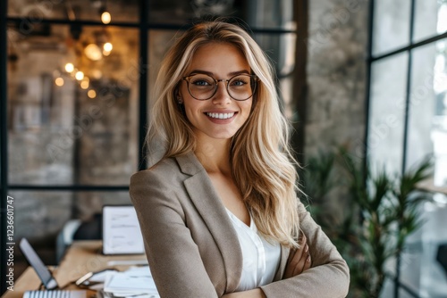 A photo of an elegant woman with blonde hair and glasses, smiling confidently at the camera while standing in front of her desk filled with office supplies like paper. 