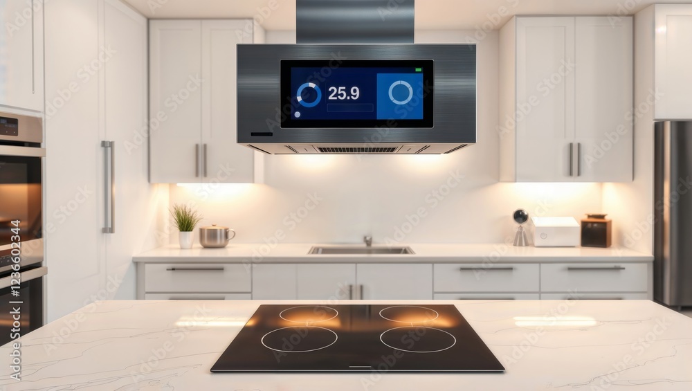 Modern kitchen technology. Sleek contemporary kitchen interior with smart range hood display and illuminated induction cooktop on marble island.