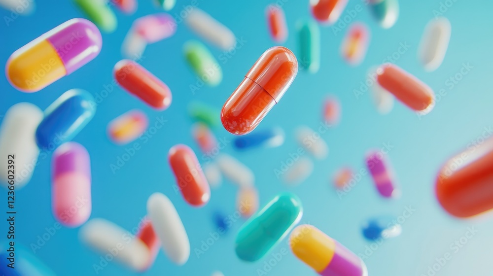 Close-up of colorful pills floating in mid-air Close-up of colorful pills floating in mid-air