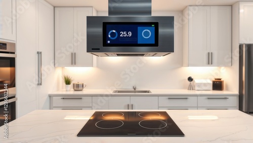 Obraz na płótnie Modern kitchen technology. Sleek contemporary kitchen interior with smart range hood display and illuminated induction cooktop on marble island. w salonie