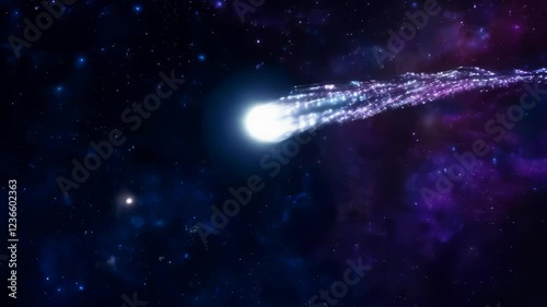 Experience a mesmerizing journey as a comet glides through the galaxy. Its icy tail sparkles against the darkness, leaving behind beautiful trails of luminous particles in the vastness of space.