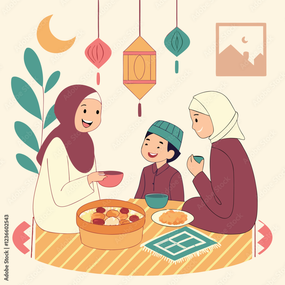 A warm and joyful Muslim family gathered around a table for Iftar during Ramadan, with delicious traditional food, lanterns, and a cozy atmosphere A warm and joyful Muslim family gathered around a table for Iftar during Ramadan, with delicious traditional food, lanterns, and a cozy atmosphere