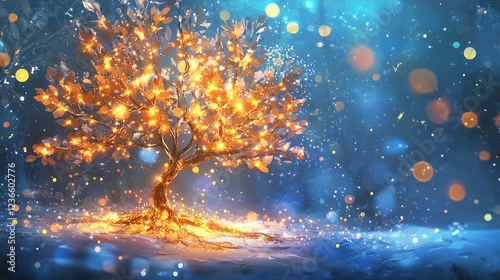 Cheerful winter scene with a glowing tree decorated in gold and bright lights, set against a vibrant bokeh backdrop.