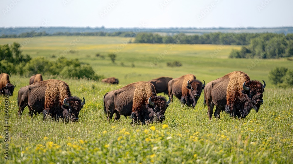 Majestic bison grazing in lush green field under clear sky, showcasing their powerful presence in nature. serene landscape enhances beauty of these magnificent animals Majestic bison grazing in lush green field under clear sky, showcasing their powerful presence in nature. serene landscape enhances beauty of these magnificent animals