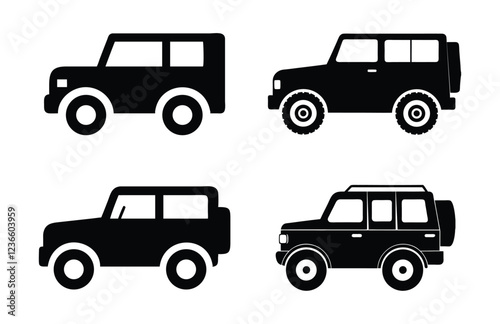 Set of Silhouette of an adventure off road car vector illustration . 2 wheel drive Jeep style vehicle collection. perfect for icons and design projects.