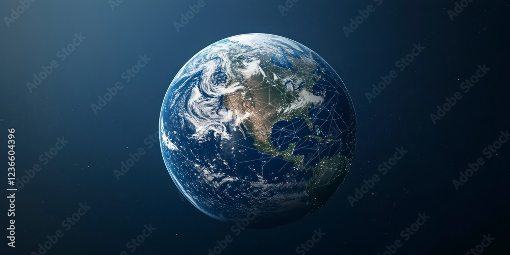 A globe with digital connections across the planet, symbolizing global network and connectivity. The Earth is seen from space against deep blue background A globe with digital connections across the planet, symbolizing global network and connectivity. The Earth is seen from space against deep blue background