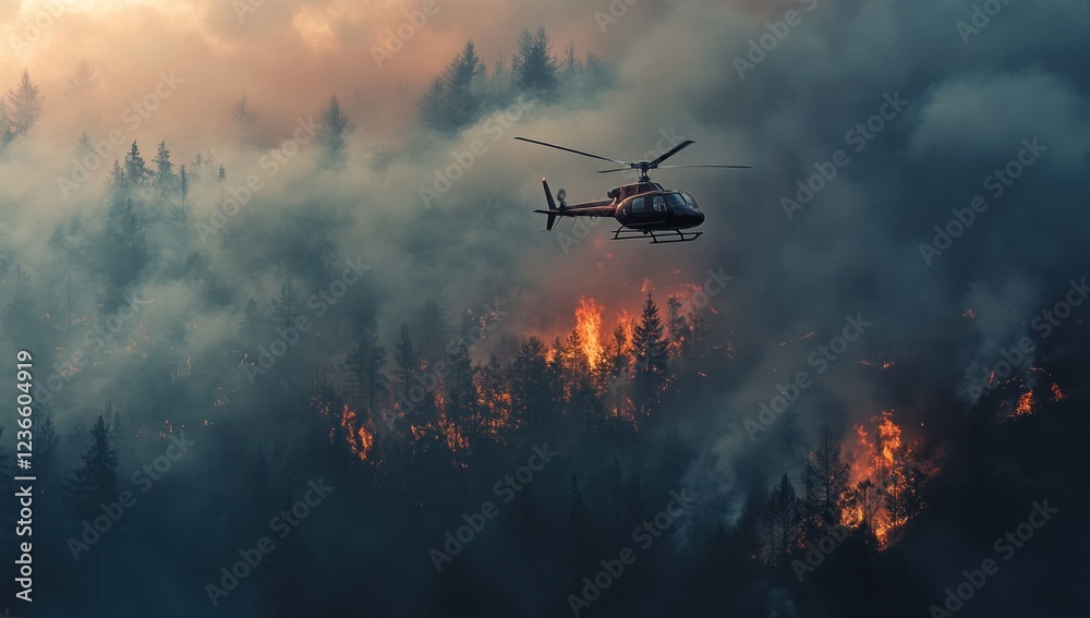 Aerial View of Forest Fire with Helicopter Aerial View of Forest Fire with Helicopter