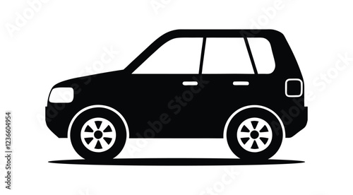 Black silhouette of a compact SUV car isolated on a white background, vector illustration. Minimalist car icon in black and white, side view of a modern SUV Flat vector design.