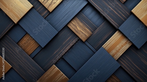 Abstract Geometric Wood Pattern Dark Blue Gold Brown Interlocking Wooden Planks Modern Design Background Texture