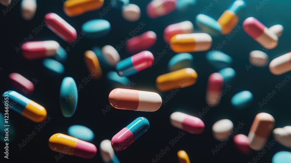 Close-up of colorful pills floating in mid-air Close-up of colorful pills floating in mid-air