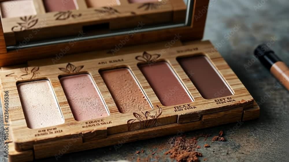 Elegant makeup palette with neutral shades on a textured surface Elegant makeup palette with neutral shades on a textured surface